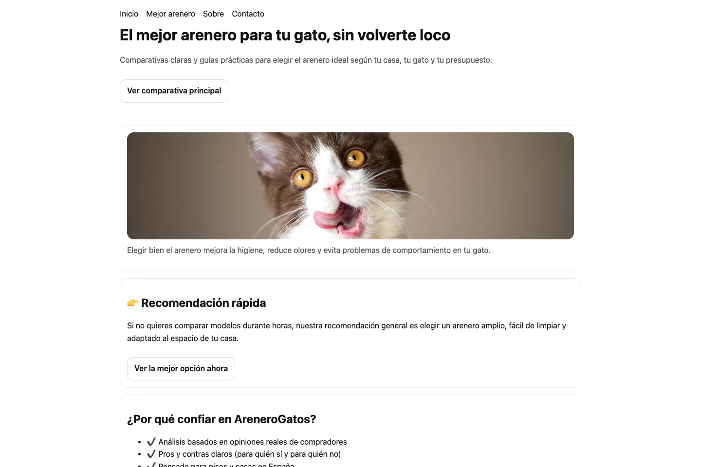 Portada de la web de AreneroGatos, desarrollada por Creaar