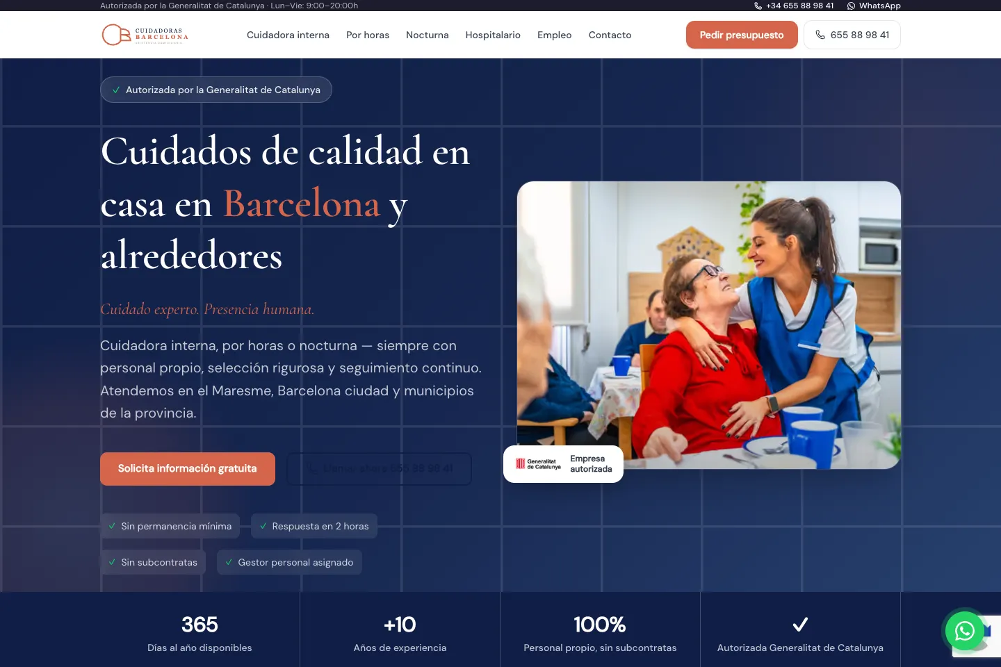 Portada de la web de Cuidadoras Barcelona, desarrollada por Creaar