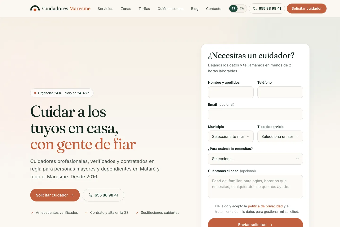 Portada de la web de Cuidadores Maresme, desarrollada por Creaar