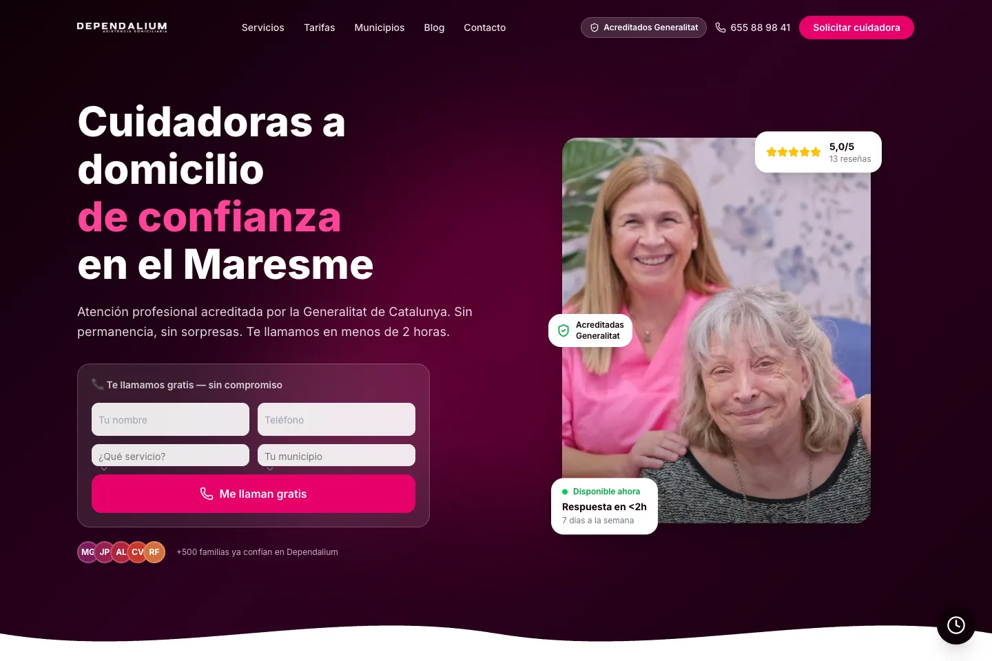 Portada de la web de Dependalium Maresme, desarrollada por Creaar