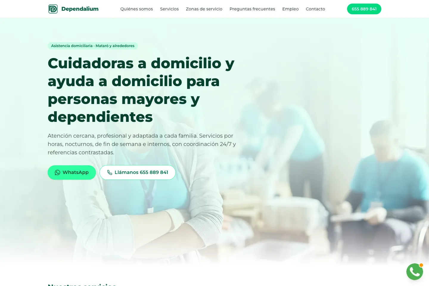 Portada de la web de Dependalium Cuidadoras, desarrollada por Creaar