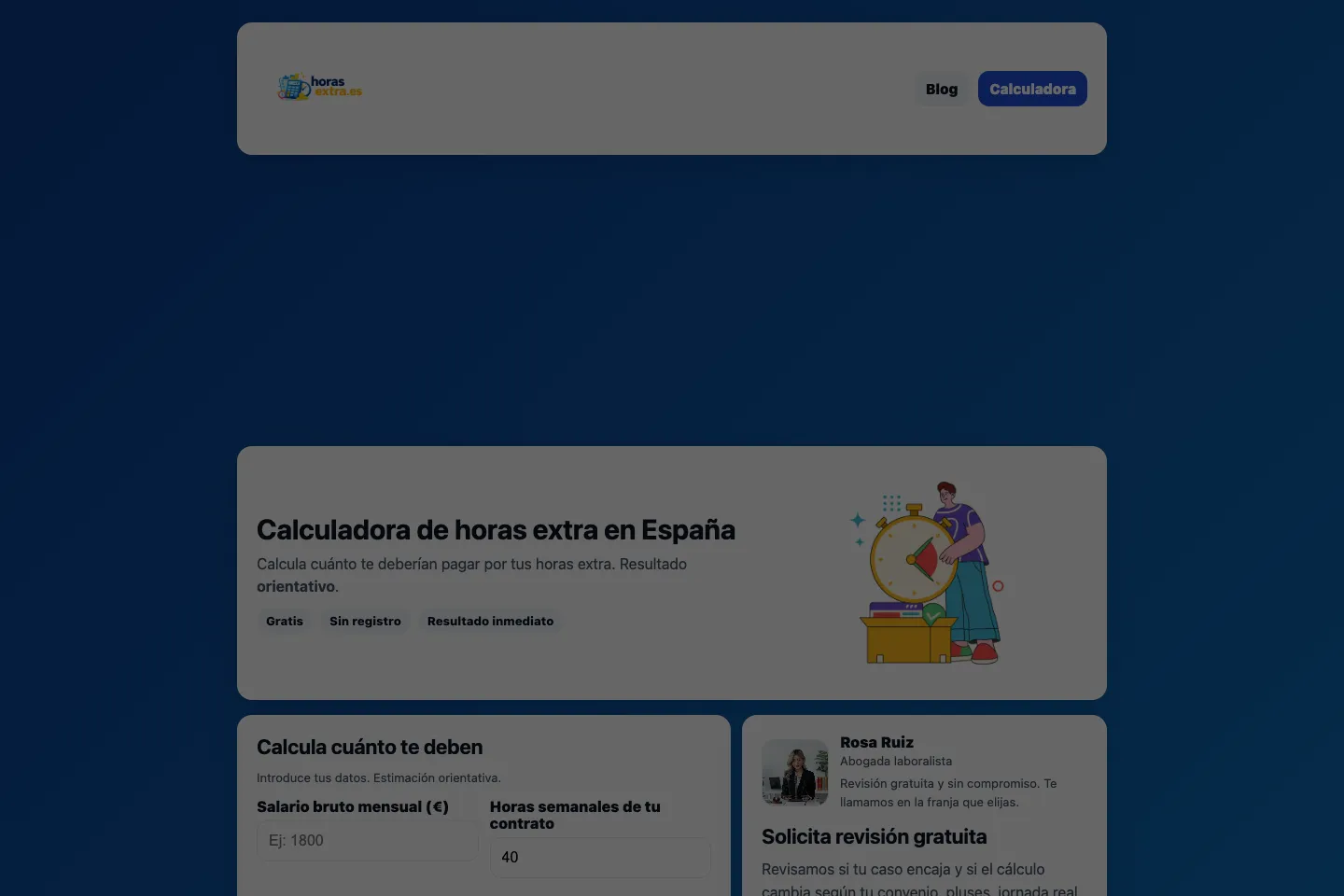 Portada de la web de Horas Extra, desarrollada por Creaar
