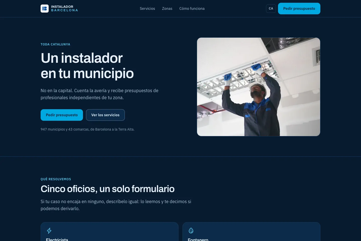 Portada de la web de Instalador Barcelona, desarrollada por Creaar