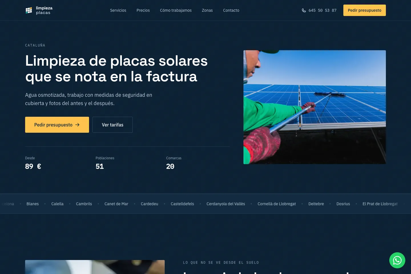 Portada de la web de Limpieza de placas solares, desarrollada por Creaar