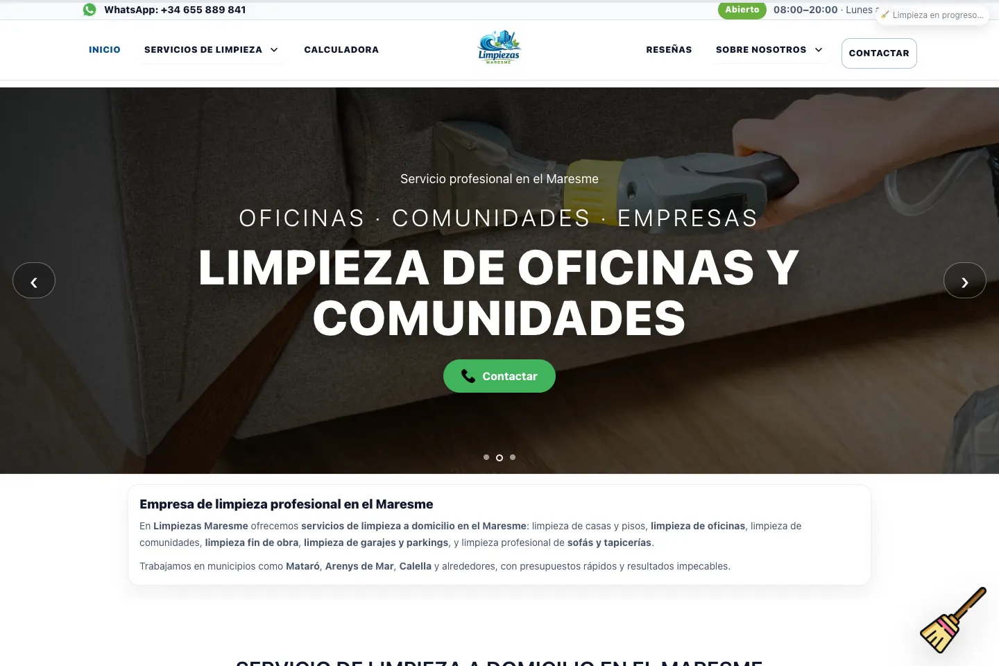 Portada de la web de Limpiezas Maresme, desarrollada por Creaar