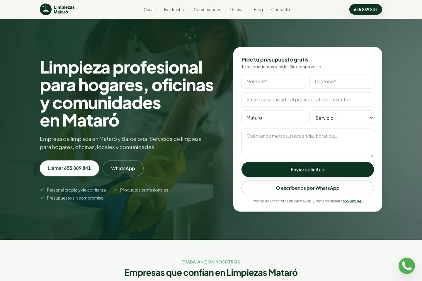 Portada de la web de Limpiezas Mataró, desarrollada por Creaar