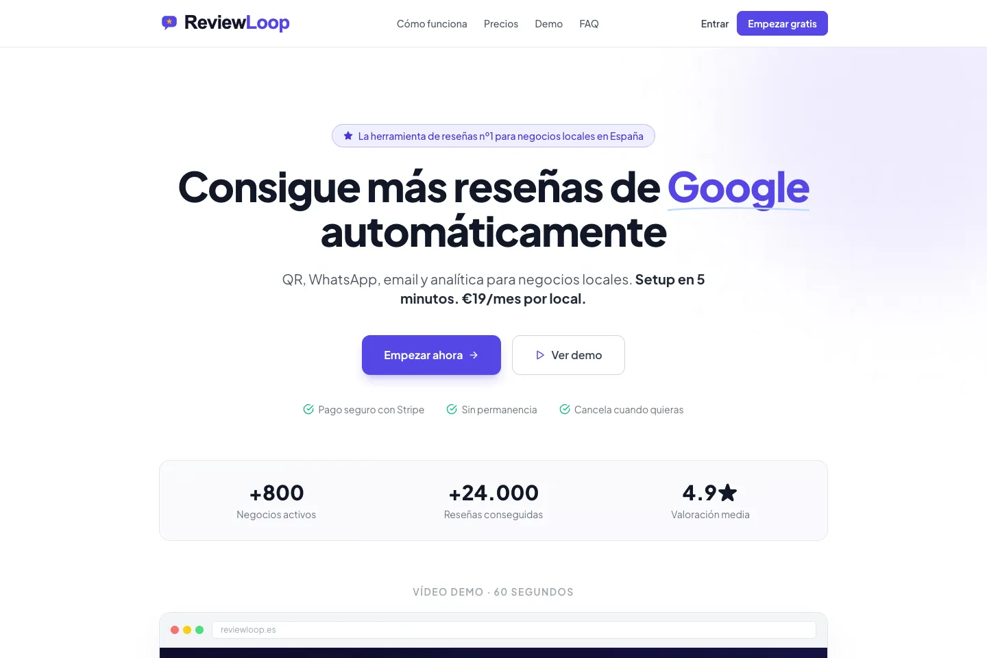 Portada de la web de ReviewLoop, desarrollada por Creaar