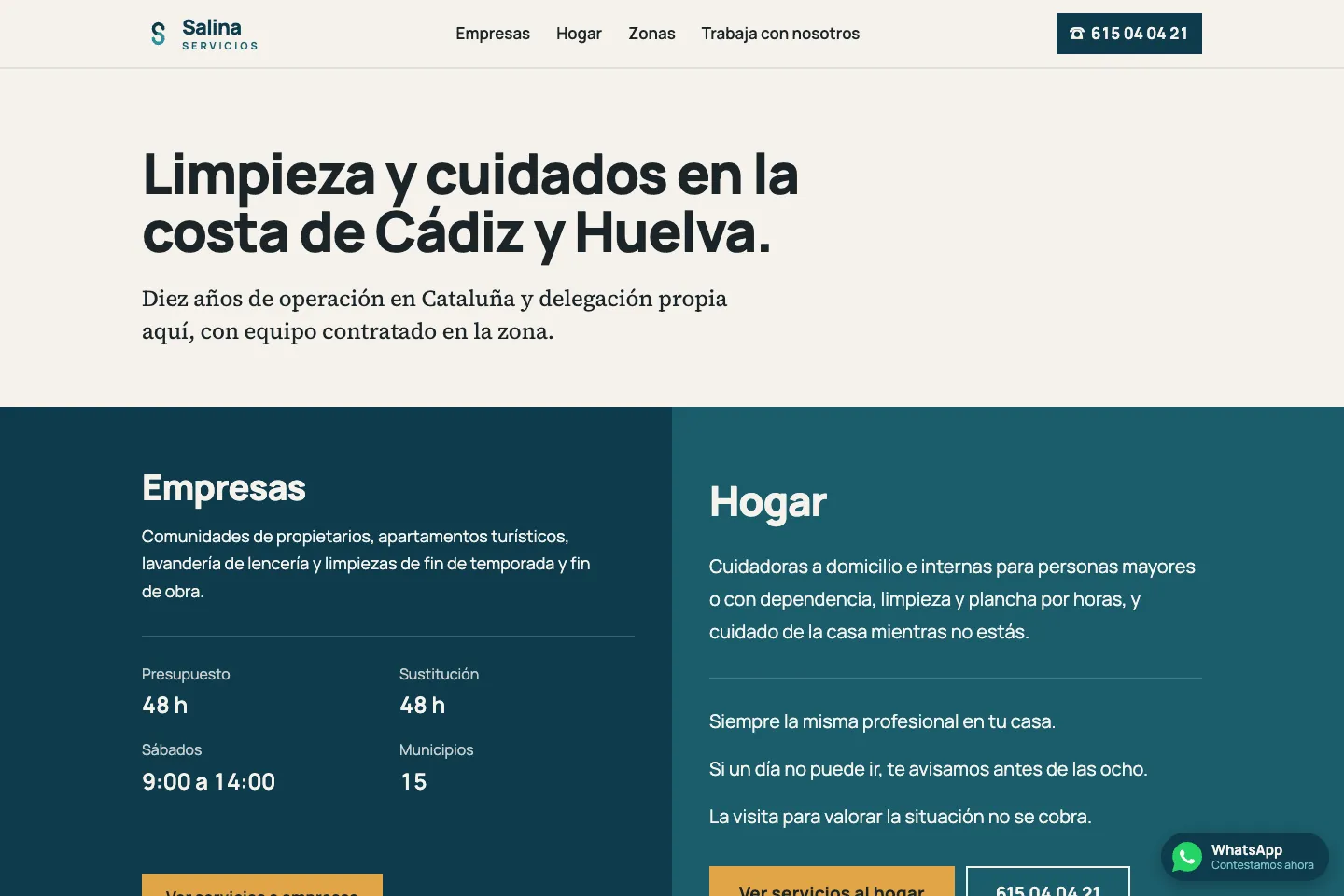 Portada de la web de Salina Servicios, desarrollada por Creaar