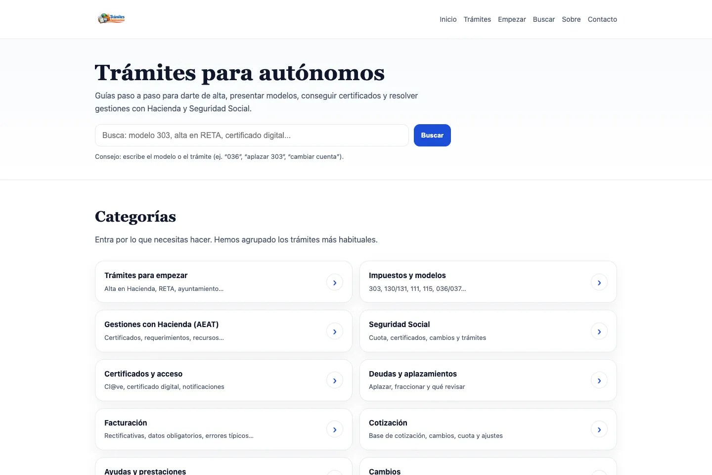 Portada de la web de Trámites Autónomos, desarrollada por Creaar