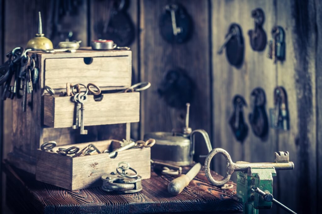 Locksmiths workshop with keys and locks