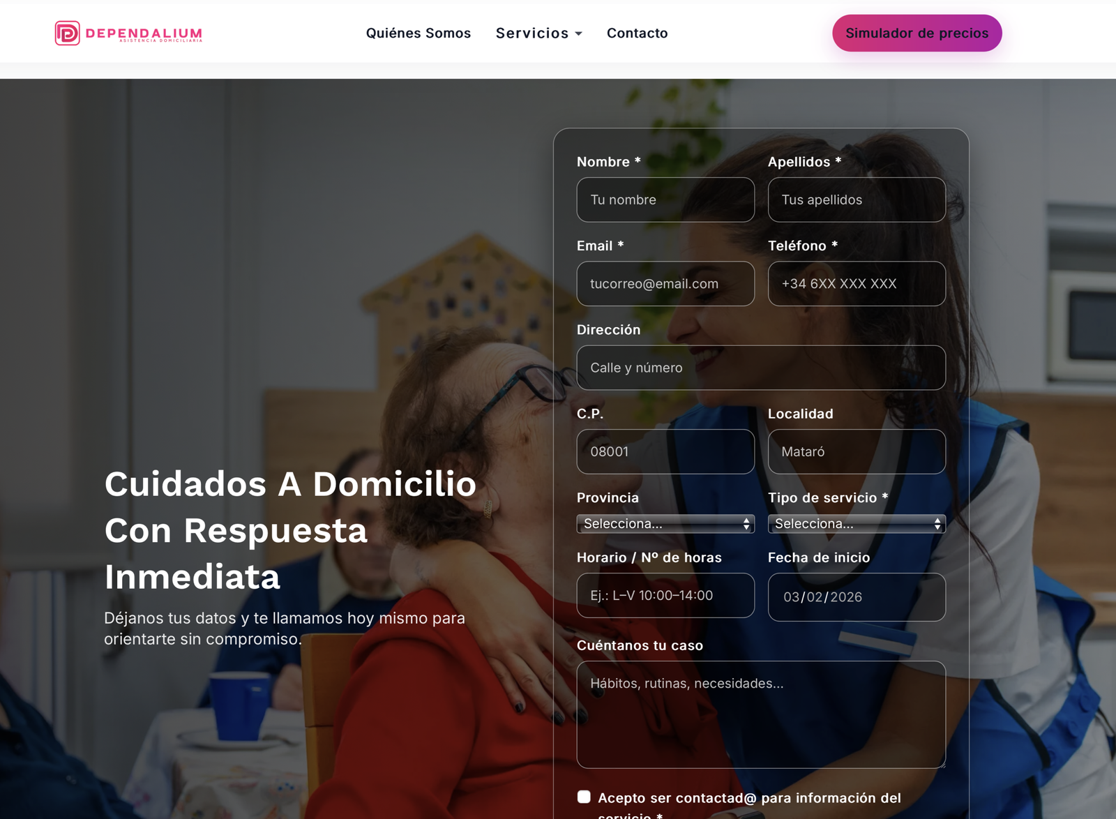 dependalium.org — Web de asistencia domiciliaria a nivel nacional, diseño y captación de leads