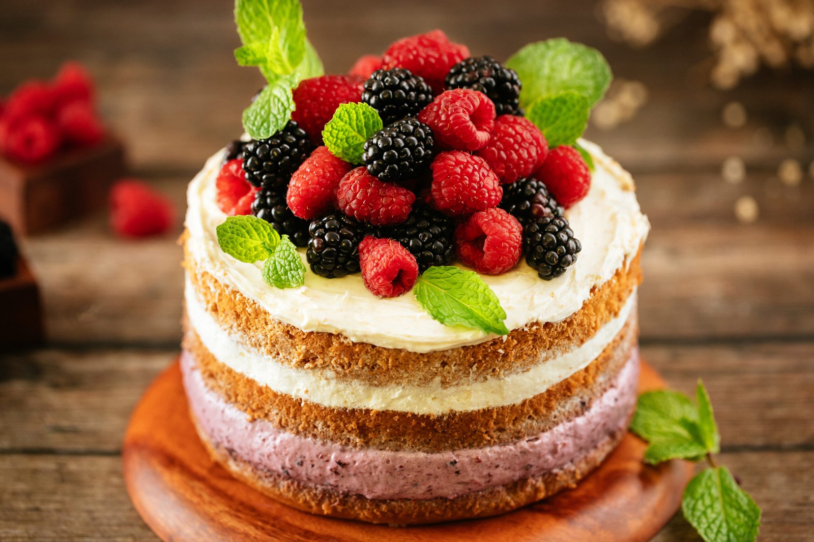 Tarta artesanal de frutos rojos decorada, ideal para representar el catálogo visual de una pastelería en Mataró