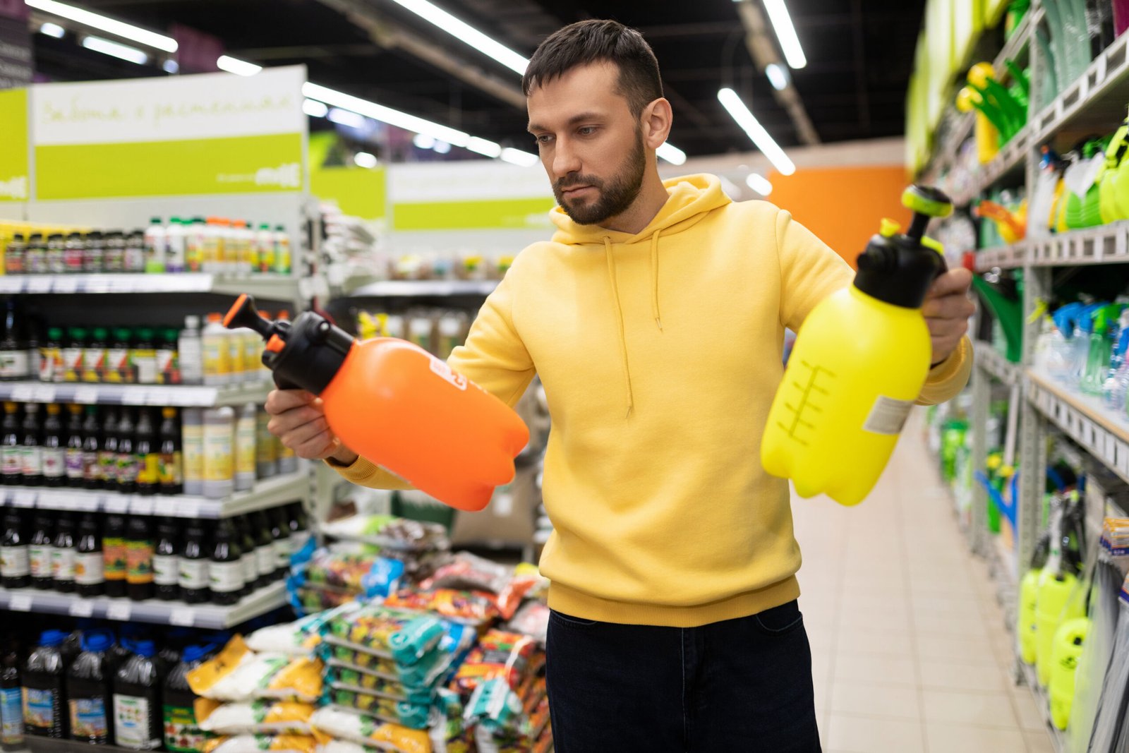 Cliente observando productos en tienda, ideal para una web de nutrición y suplementación en Mataró